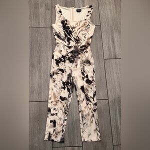 bebe Abstract Print Jumpsuit in Black, White & Tan OPEN NECK CAPRI CATSUIT